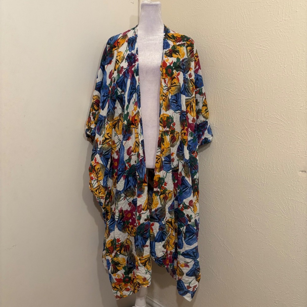 Floral Blue Yellow Cotton Blend Kimono Wrap Duster Open Front Coverup Retro
